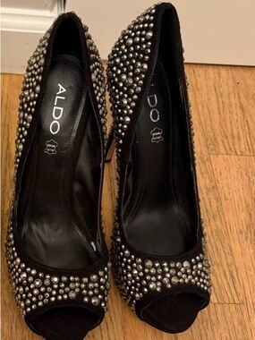 ALDO Black Peep-Toe Heels with Silver Studs